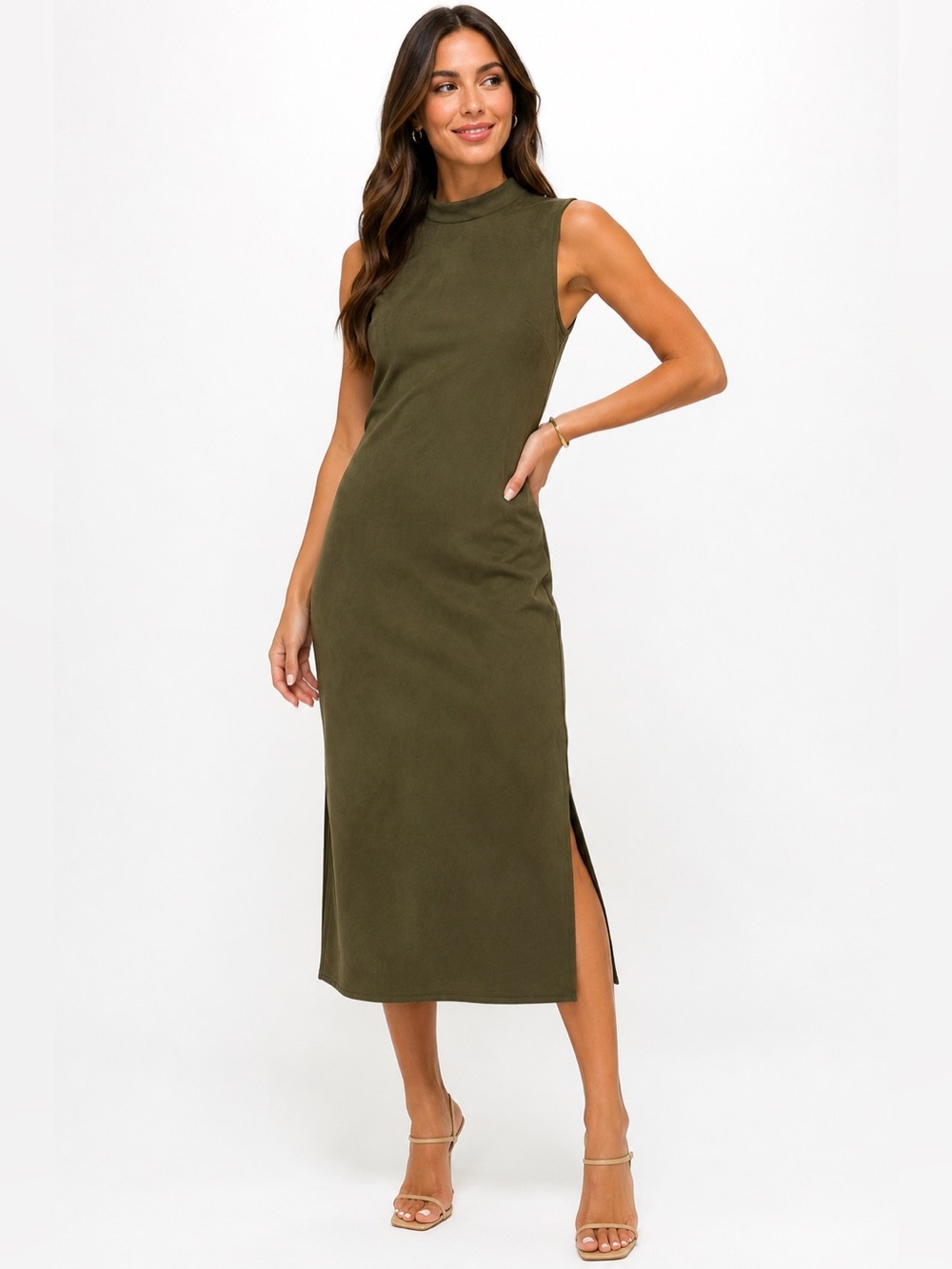 Philosophy Republic Clothing Dress L Olive Faux Suede Mock Neck Midi NWT $98